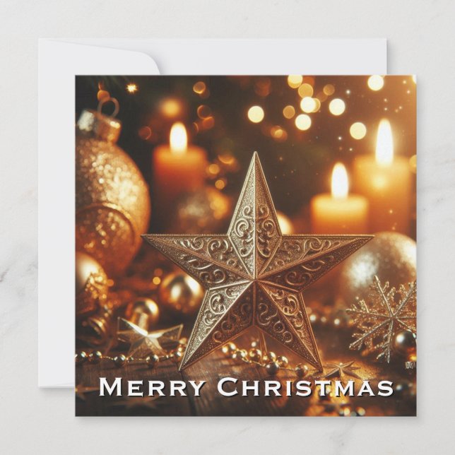 Christmas Golden Star In Shiny Night Holiday Card (Front)