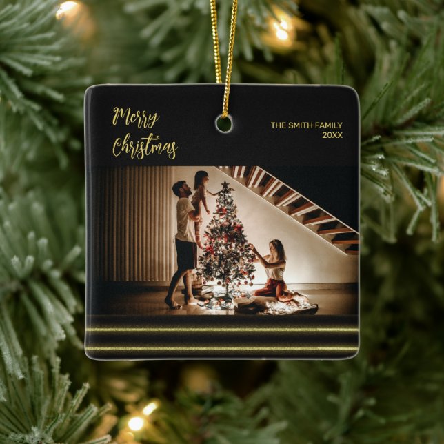 Christmas golden stripes Ceramic Square Ornament (Tree)