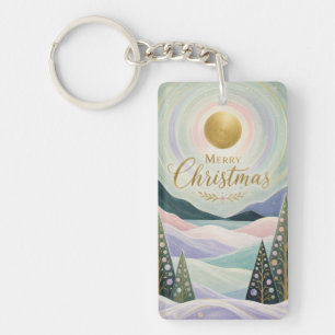 Christmas Golden Sun Pastel Mountain Landscape Key Ring