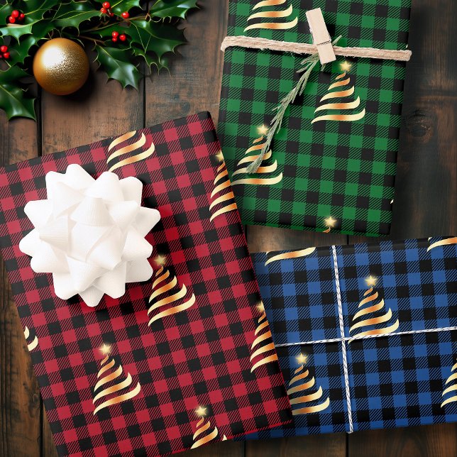 Christmas Golden Tree Buffalo Plaid Red Green Blue Wrapping Paper Sheet (Christmas Golden Tree Buffalo Plaid Red Green Blue Wrapping Paper Sheets)