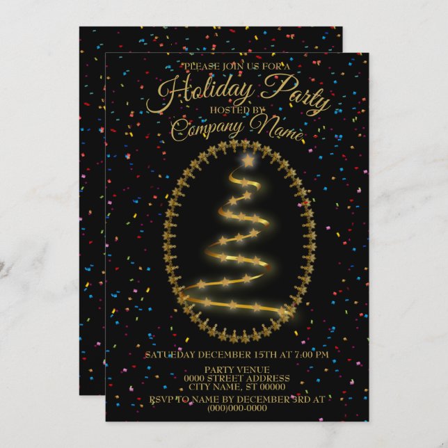 Christmas Golden Tree Colourful Glitter Black Part Invitation (Front/Back)