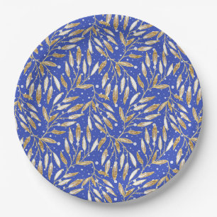 Christmas, Golden twigs, white, snowflakes, winter Paper Plate