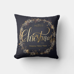 Christmas Golden Typography White Snowflakes Black Cushion
