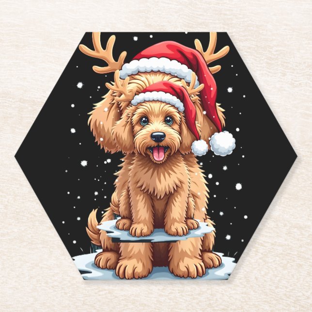 Christmas Goldendoodle Dog Reindeer Holiday Doodle Paper Coaster (Front)