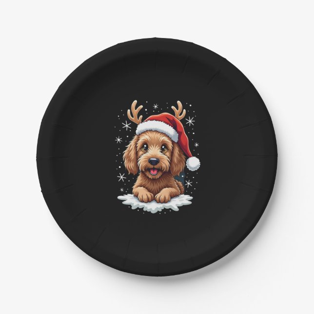 Christmas Goldendoodle Dog Reindeer Holiday Doodle Paper Plate (Front)