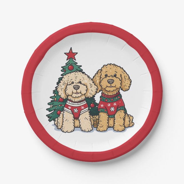 Christmas Goldendoodle Dogs Paper Plate (Front)