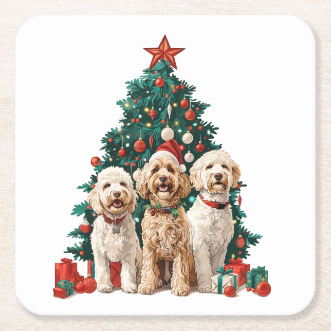 Christmas Goldendoodle Dogs Square Paper Coaster (Front)