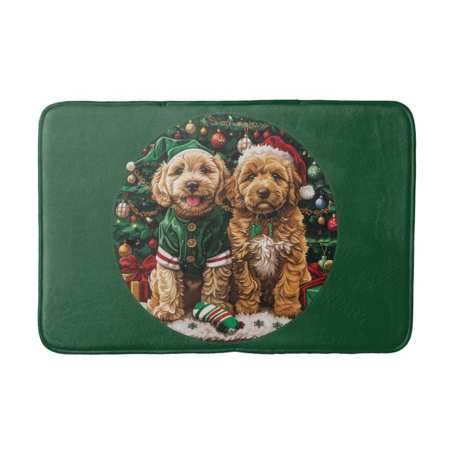 Christmas Goldendoodle Puppy Dogs Bath Mat (Front)