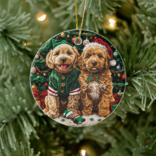 Christmas Goldendoodle Puppy Dogs Ceramic Tree Decoration