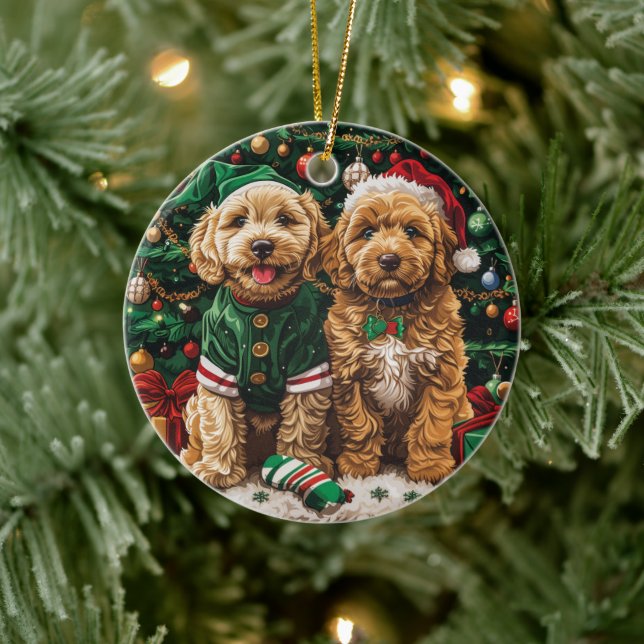 Christmas Goldendoodle Puppy Dogs Ceramic Tree Decoration (Tree)