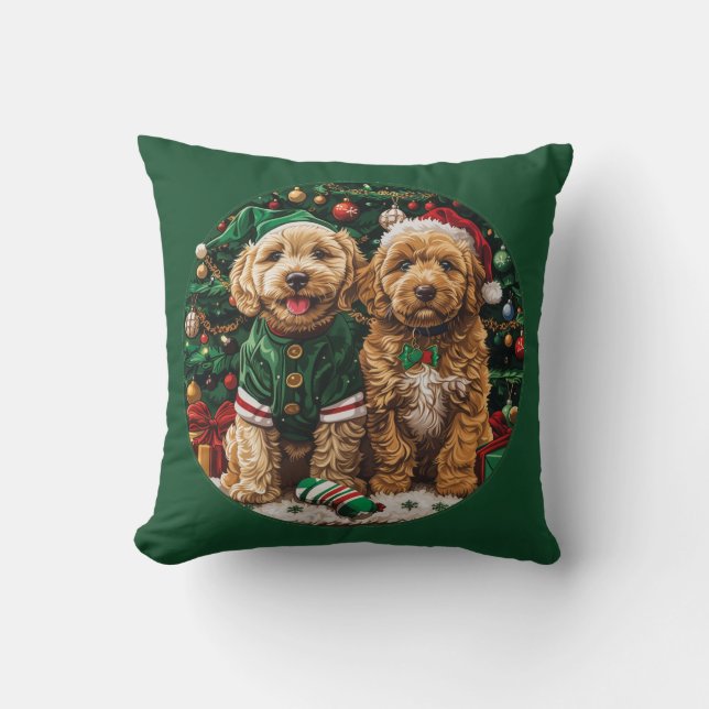 Christmas Goldendoodle Puppy Dogs Cushion (Front)