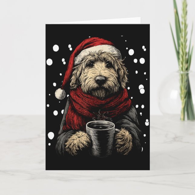 Christmas Goldendoodle Santa Hat Coffee Lover Funn Card (Front)