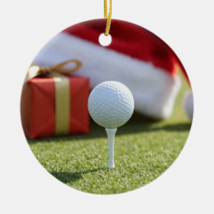 Christmas Golf Ball with Santa Hat on Tee on Green Ceramic Tree Decoration