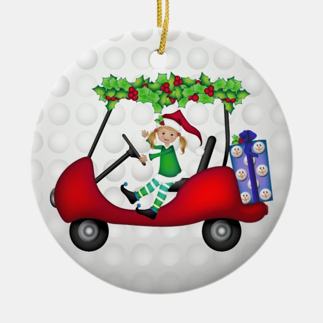 Christmas Golf Cart with Elf 1 Ceramic Tree Decoration (Front)