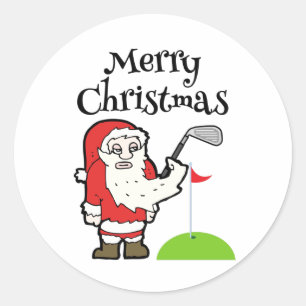 Christmas Golfer with Santa Claus hold golf iron  Classic Round Sticker