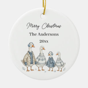 Christmas Goose Family Blue Watercolor Ceramic Tree Decoration