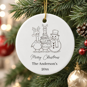 Christmas Goose Family Doodle black white modern Ceramic Tree Decoration