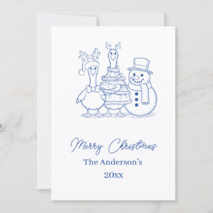 Christmas Goose Family Doodle blue modern Holiday Card