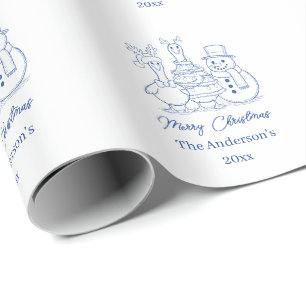 Christmas Goose Family Doodle blue modern Wrapping Paper