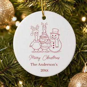 Christmas Goose Family Doodle red modern Ceramic Tree Decoration