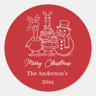 Christmas Goose Family Doodle red modern Classic Round Sticker