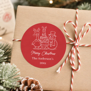 Christmas Goose Family Doodle red modern Classic Round Sticker