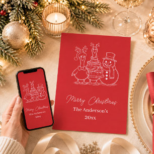 Christmas Goose Family Doodle red modern Holiday Card