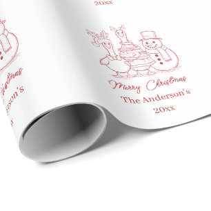 Christmas Goose Family Doodle red modern Wrapping Paper