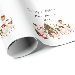 Christmas Goose Family Party Watercolor Wrapping Paper