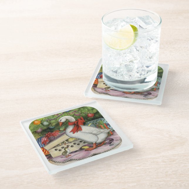 Christmas Goose Glass Coaster (Angled)
