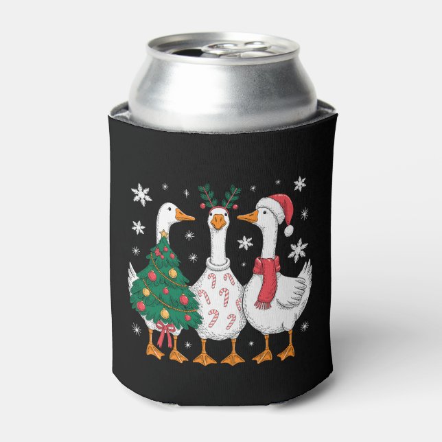 Christmas Goose Santa Hat Candy Cane Tree Xmas Can Cooler (Can Front)