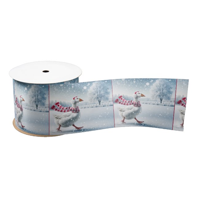 Christmas Goose Walking in Snowflakes Satin Ribbon (Spool)