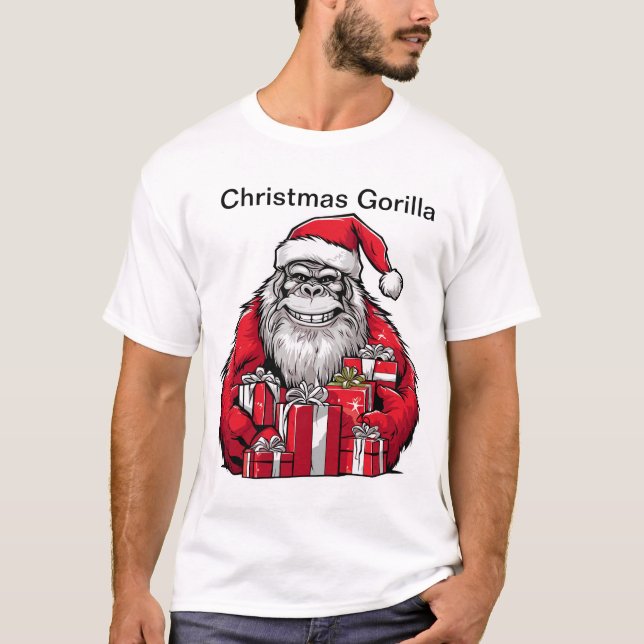 Christmas Gorilla Wearing Santa Hat. T-Shirt (Front)