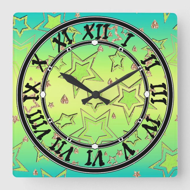 Christmas gradient glitter shine confetti stars fu square wall clock (Front)