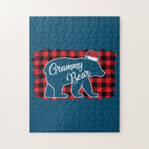 Christmas Grammy Bear Christmas Red Plaid Buffalo Jigsaw Puzzle