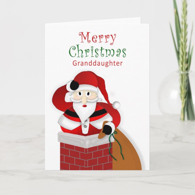 Christmas, Granddaughter, Fat Santa down Chimney Card (Front)