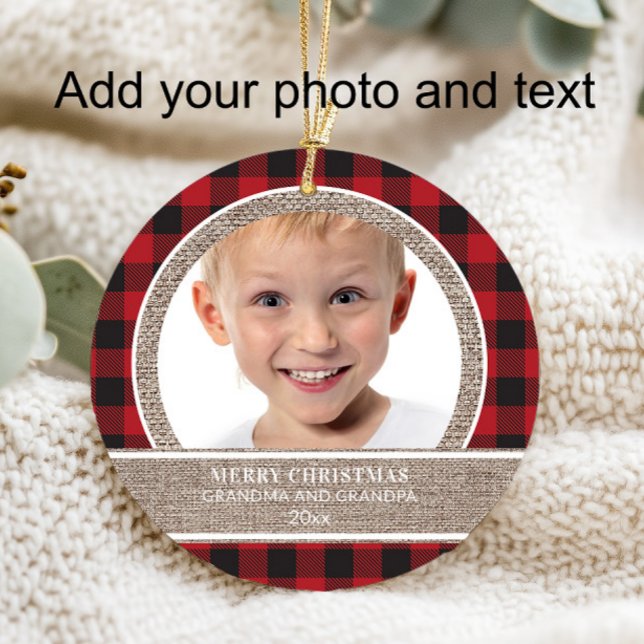 Christmas Grandma Grandpa Red Black Buffalo Plaid Ornament (Add your photo and text to this red and black buffalo plaid Christmas ornament)