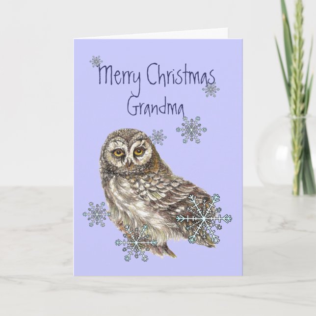 Christmas Grandma,  Snow flakes & Owl Bird Holiday Card (Front)