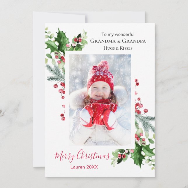 Christmas Grandparents Holly Berry Pine Photo Holiday Card (Front)