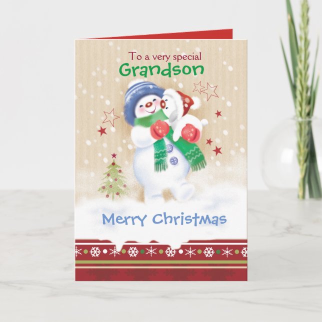 Christmas, Grandson. Cute Snowman and Puppy Holiday Card (Front)