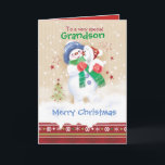 Christmas, Grandson. Cute Snowman and Puppy Holiday Card<br><div class="desc">A sweet Christmas card for a young Grandson. It features an adorable little snow child hugging a cute snow puppy. He is wearing a blue hat, green scarf and red gloves while his puppy is wearing a Santa hat. Snow is falling around them and a decorative Christmas border trims the...</div>