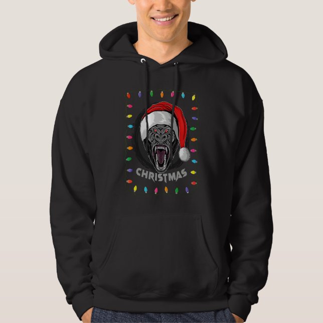Christmas Graphic Lights Holiday Gorilla Santa Hoodie (Front)