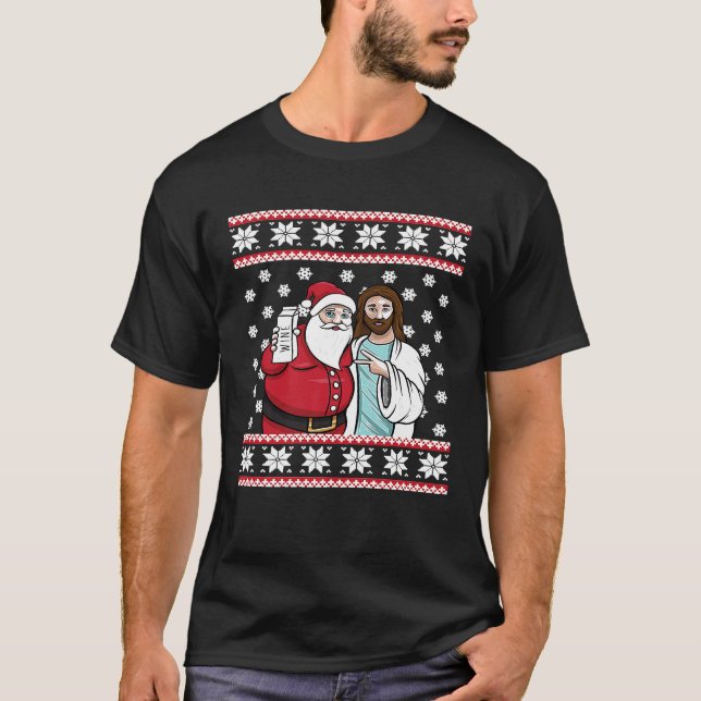 Christmas Graphic Santa Jesus Jingle Bros Wine Lov T-Shirt (Front)