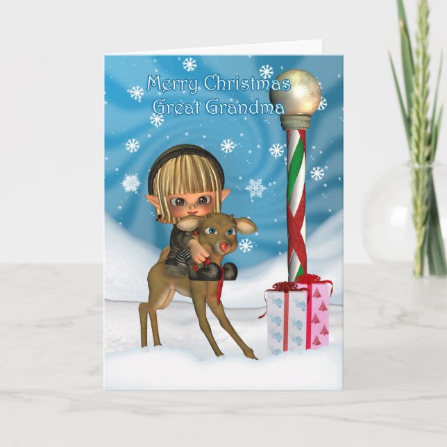 Christmas Great Grandma Elf Reindeer, Rudolf, Nort Holiday Card (Front)