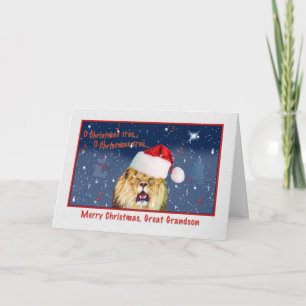 Christmas, Great Grandson, Lion in Santa Hat Holiday Card