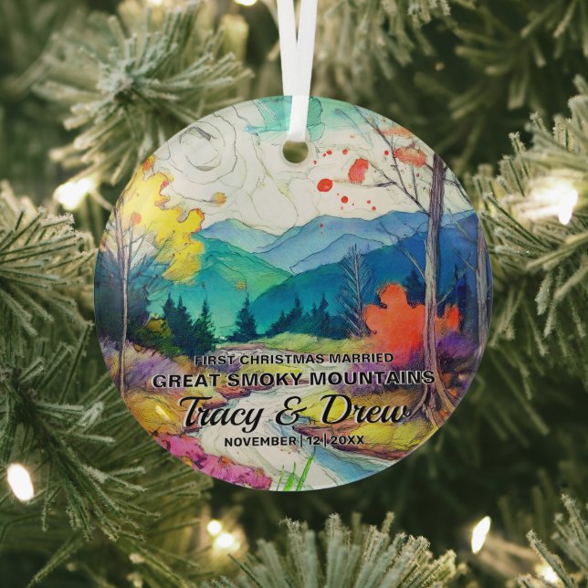 Christmas Great Smoky Mountains Art Couple Married Glass Tree Decoration (Insitu)