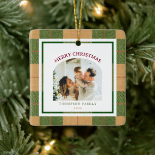 Christmas Green and Beige Plaid Arch Photo Ceramic Ornament