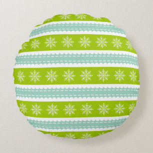 Christmas Green and Blue Stripes With Snowflakes Round Cushion