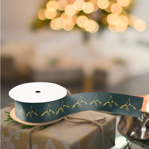 Christmas Green and Gold Mistletoe Ribbon Satin Ribbon