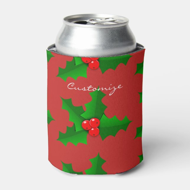 Christmas Green and red holly Thunder_Cove Can Cooler (Can Front)
